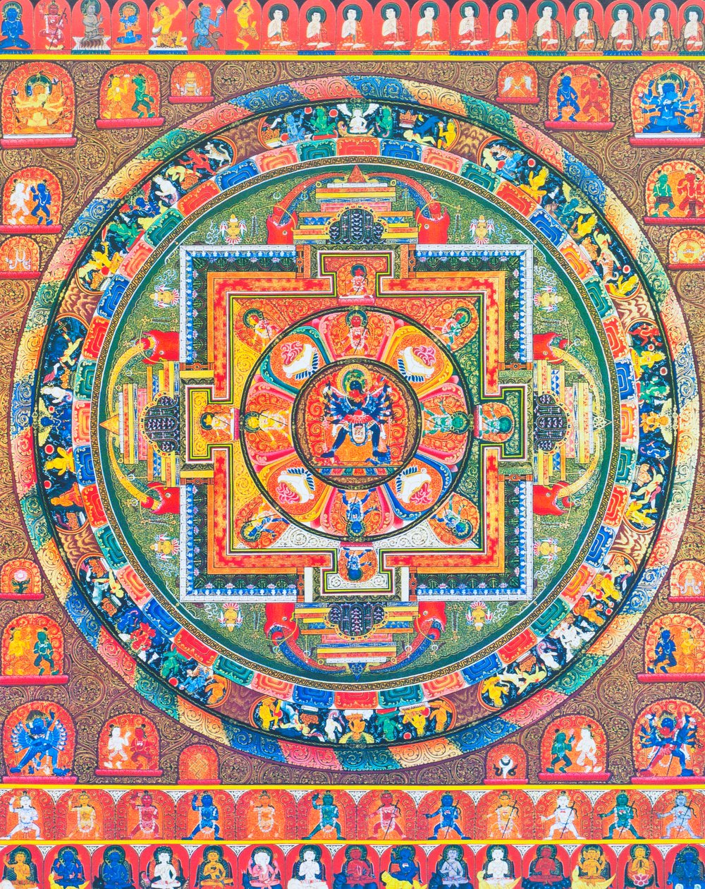 Chakrasambhara Mandala, zeigt die Hauptgottheit Sambhara, die seine Gefährtin Vajrabarahi umarmt, symbolisiert die Vereinigung von Weisheit und Praxis zur Erlangung höchster Glückseligkeit (Darstellung) von School Nepalese