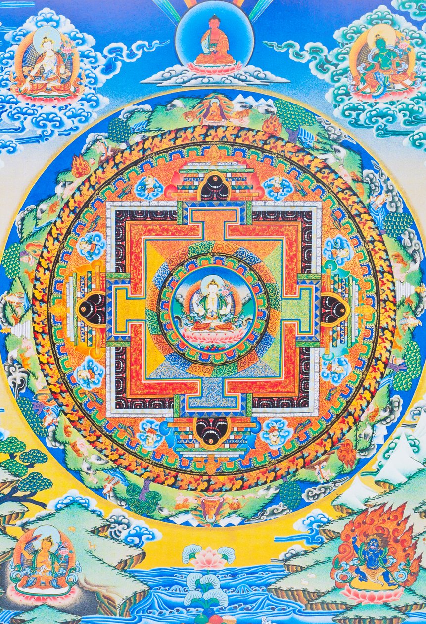 Chenresi Mandala; die zentrale Figur stellt den Buddha des Mitgefühls dar, die himmlische Manifestation des Amitava Buddha, der immer in der Nähe leidender Wesen ist von School Nepalese