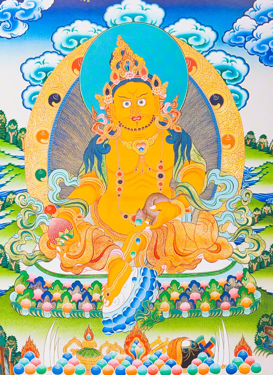 Bild, das Dzambhala darstellt, der gelbe Dzambhala ist die Manifestation des Buddha Ratnasambhava, der Reichtum in der materialistischen Welt symbolisiert von School Nepalese