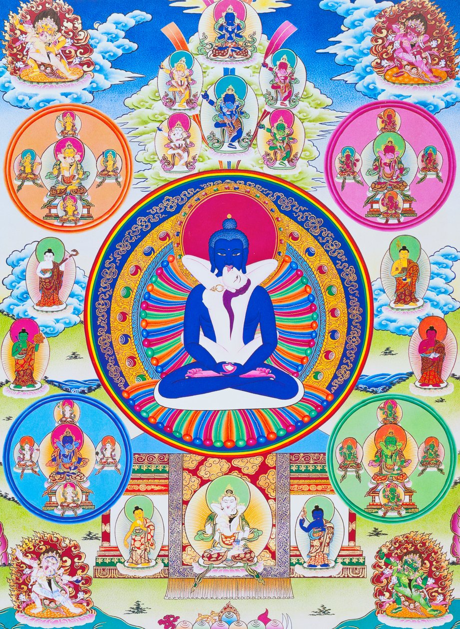 Samantabhadra mit seiner Gefährtin, symbolisiert Einheit mit dem Absoluten (Darstellung) von School Nepalese
