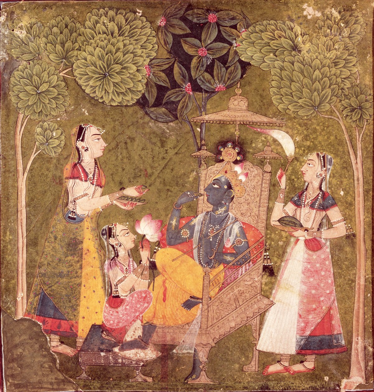 Krishna und Mägde, Himachal Pradesh, Pahari-Schule, ca. 1710 von School Pahari