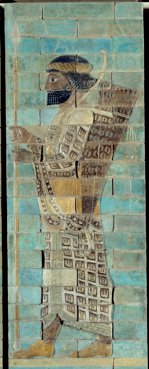 Das Fries der Bogenschützen, aus dem Palast von Darius I., König von Persien, in Susa (5. Jahrhundert v. Chr.). Emailliertes Ziegelrelief. Paris, Louvre Museum. von School Persian