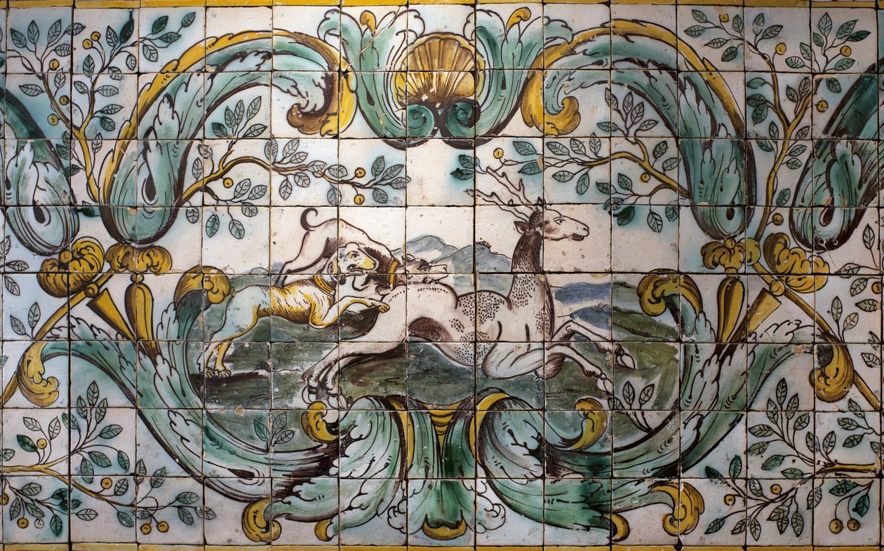 Hunde jagen einen Hirsch (Detail) von School Portuguese