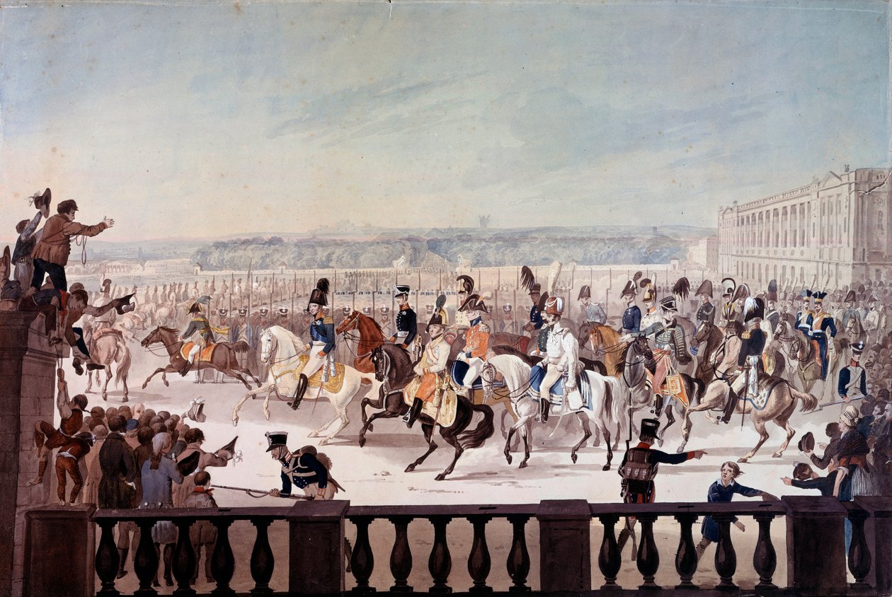 Alexander I. (1777-1825) auf dem Place de la Concorde in Paris. Gemälde der russischen Schule von School Russian
