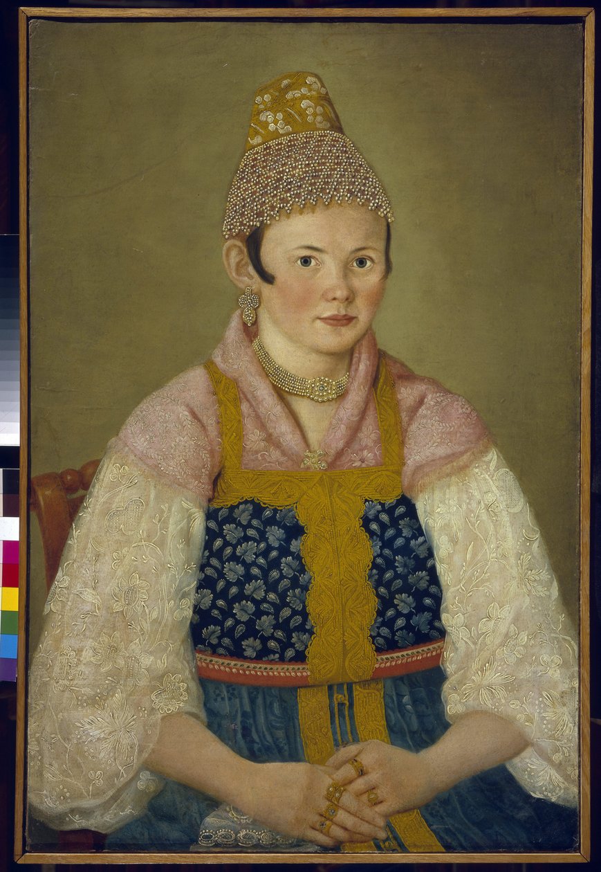 Porträt einer Kaufmannsfrau im traditionellen Kokoschnik von School Russian