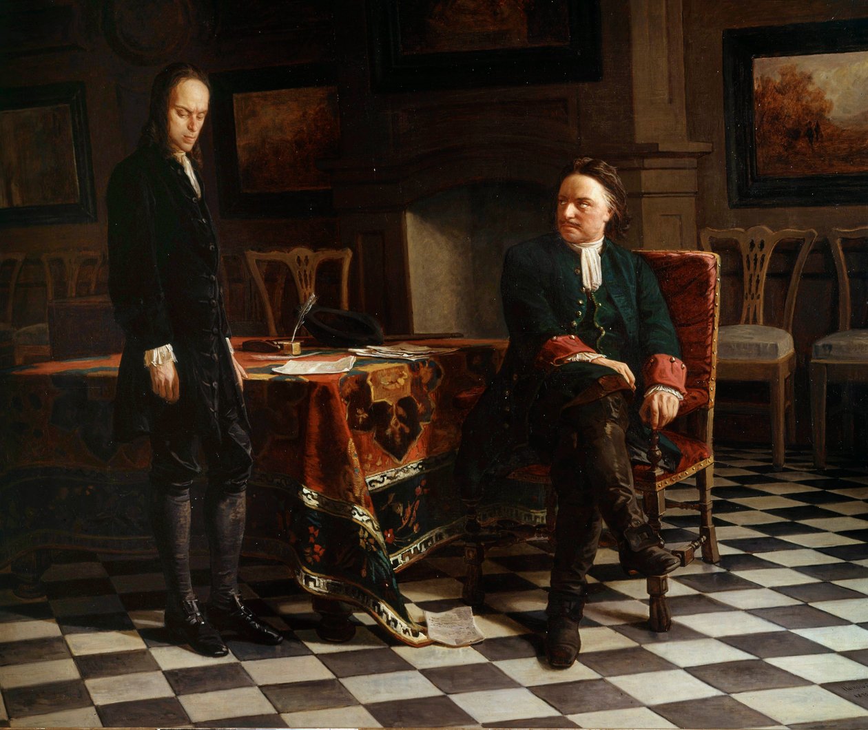 Porträt von Peter I. dem Großen (1672-1725), russischer Zar, und seinem Sohn Alexis (1690-1718) von School Russian