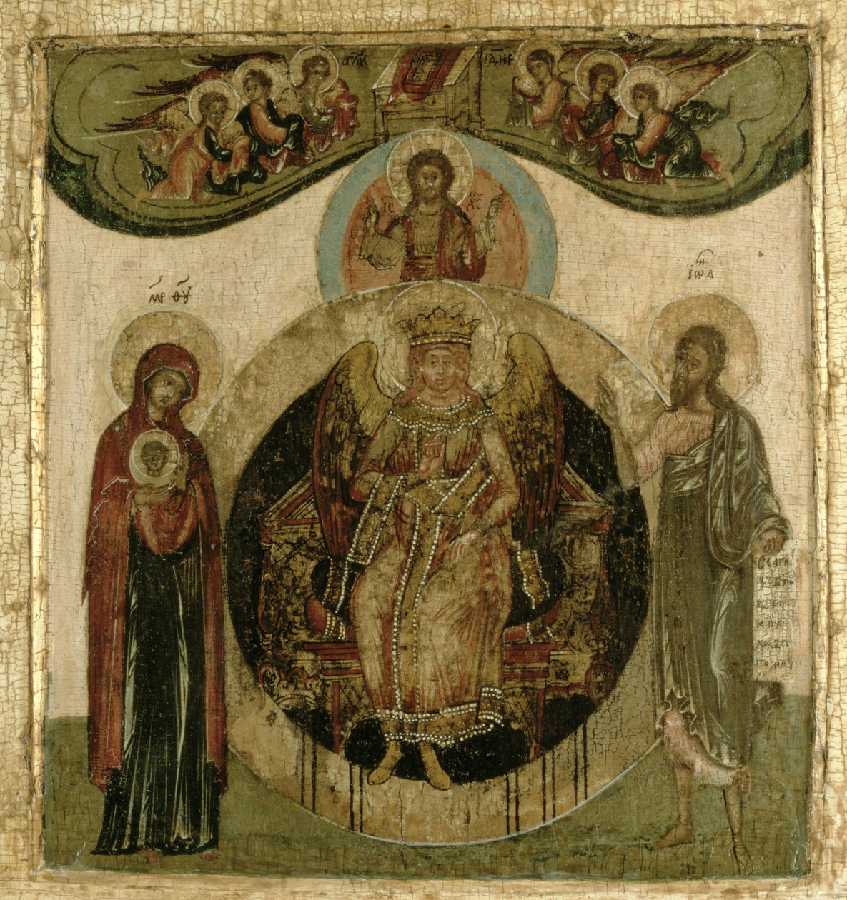 Russische Ikone der Sophia, Die Heilige Weisheit, auf dem Thron in Form eines feurigen geflügelten Engels von School Russian
