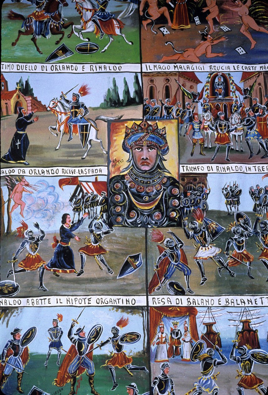 Ein Puppentheaterdekor namens Puppi, das zu einer sizilianischen Tradition gehört, die bis in die Antike zurückreicht und die Geschichte von Invasionen und normannischen Eroberungen erzählt. Palermo, Sizilien, Italien. von School Sicilian