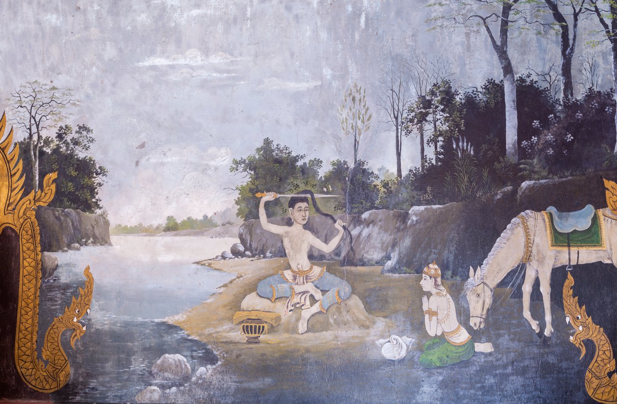 Fresko, das eine Szene aus dem Leben Buddhas darstellt, Wat Phra That Doi Suthep Tempel von School Thai