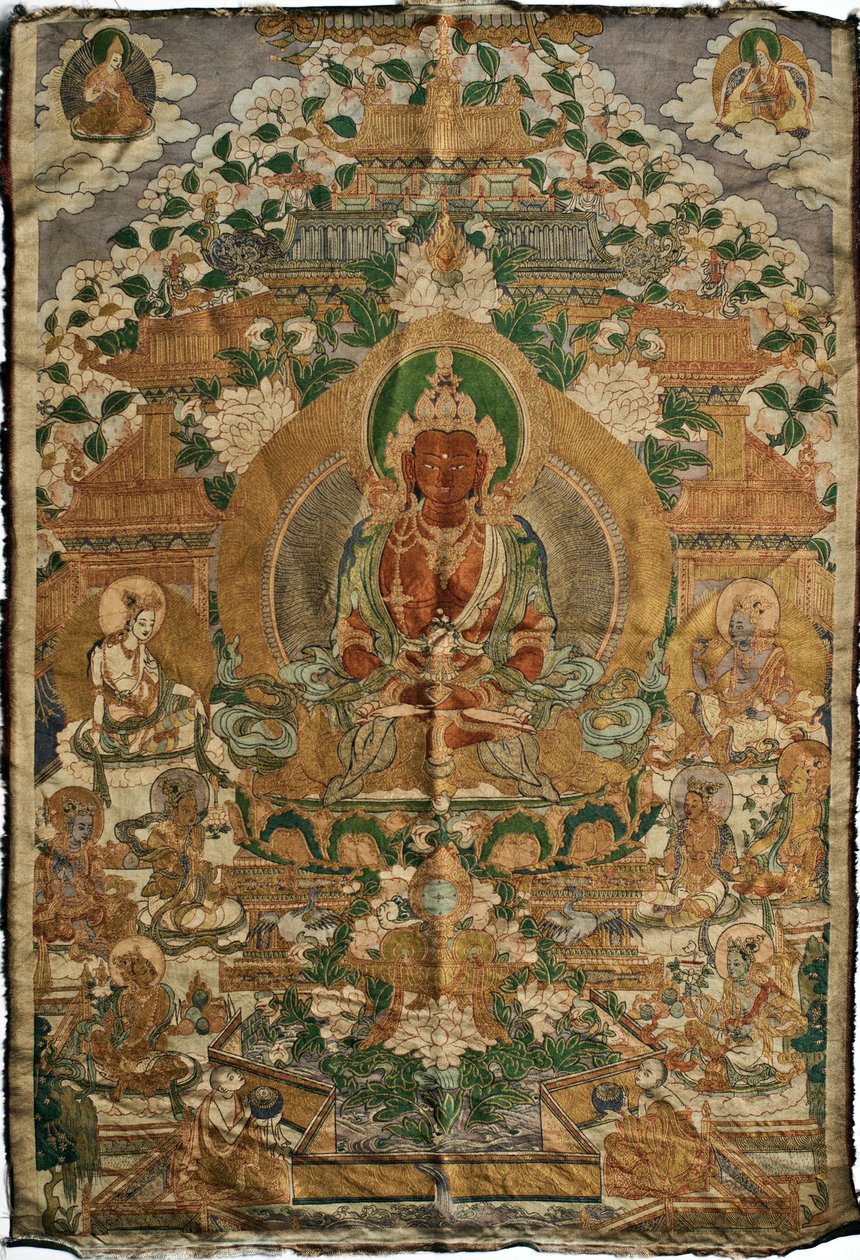 Amitabha (Buddha des Reinen Landes) - Tibetische Malerei, Pigmente und Gold auf Stoff, Ende des 19. Jahrhunderts, 74x51 cm - (Amitayus Buddha Thangka, tibetische Kultur, Pigmente und Gold auf Textil, Ende des 19. Jahrhunderts) - Private Sammlung von School Tibetan