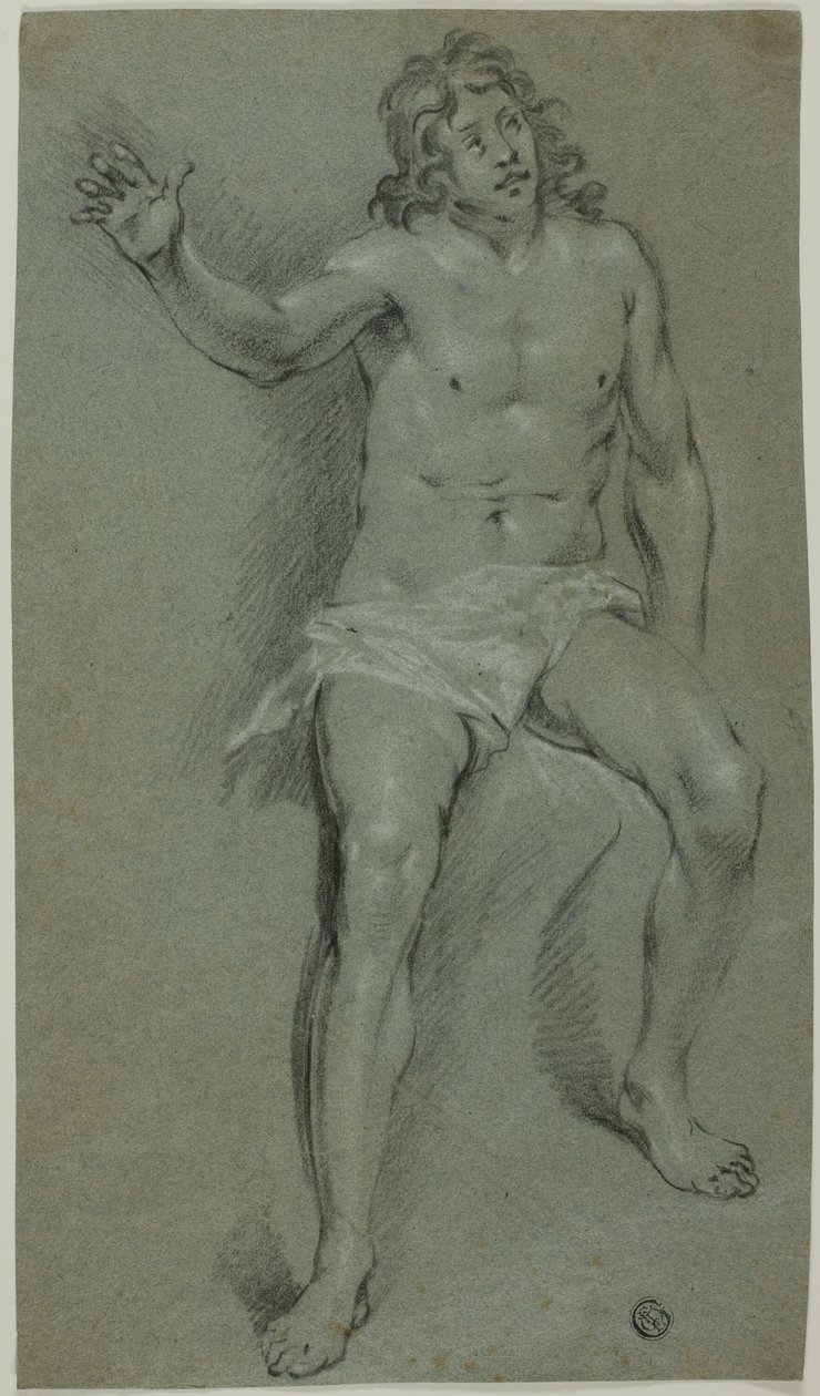 Sitzender männlicher Akt (recto); Skizzen von Hand und Jungenkopf (verso) von School of Rembrandt van Rijn