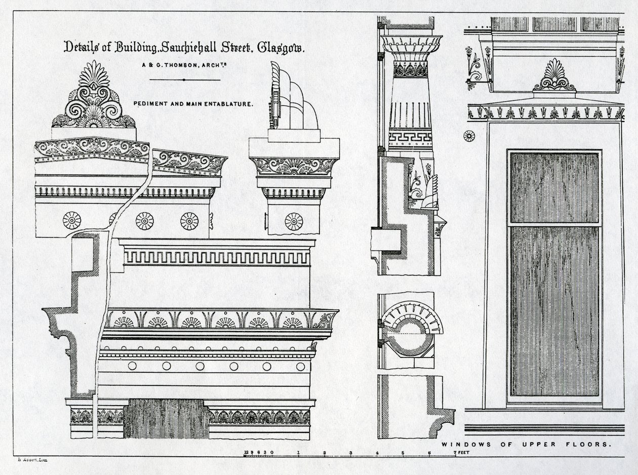 Architektonische Details der griechischen Kammern, 336-356 Sauchiehall Street, Glasgow, entworfen von Alexander Greek Thomson, 1869 von Scottish School