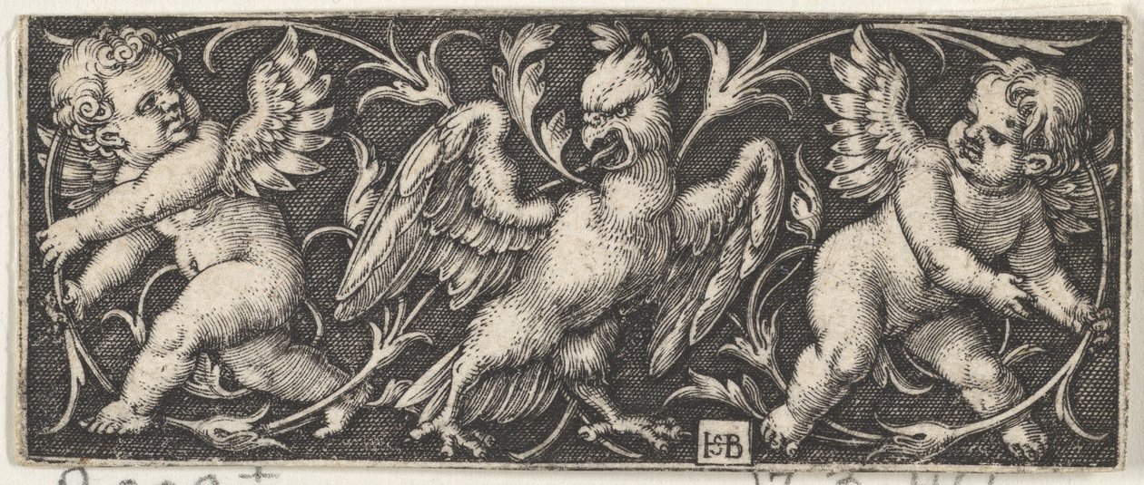 Horizontales Paneel mit einem Adler, flankiert von zwei Genien, 1544 von Sebald Beham