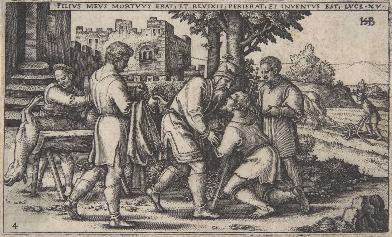 Rückkehr des verlorenen Sohnes, aus Die Geschichte des verlorenen Sohnes von Sebald Beham