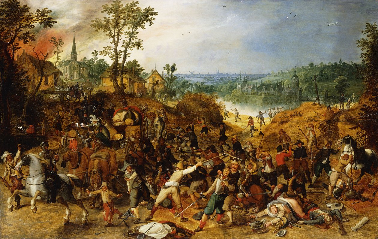 Eine Landschaft mit Plünderern, die einen Wagenzug angreifen und ein Dorf plündern von Sebastian Vrancx