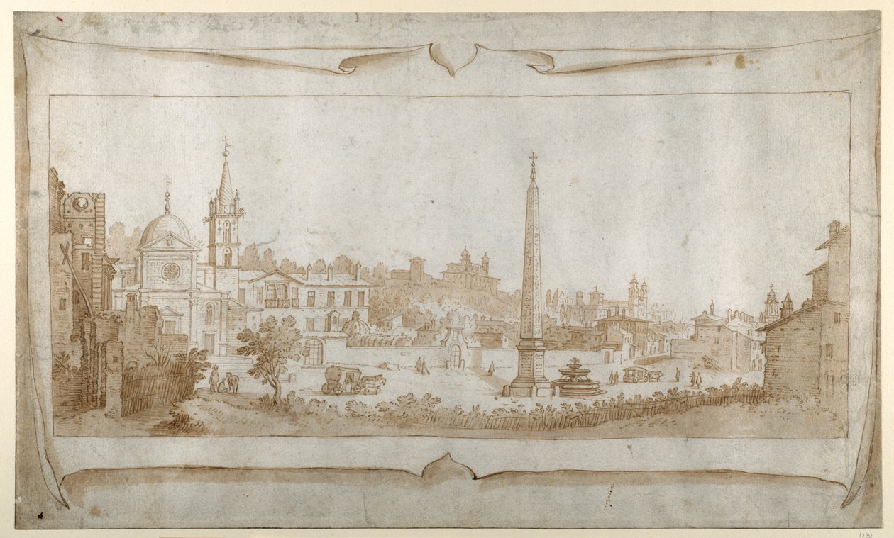 Entwurf für ein Frontispiz mit Blick auf Rom innerhalb der Porta del Popolo und Blick auf den Pincio von Sebastian Vrancx