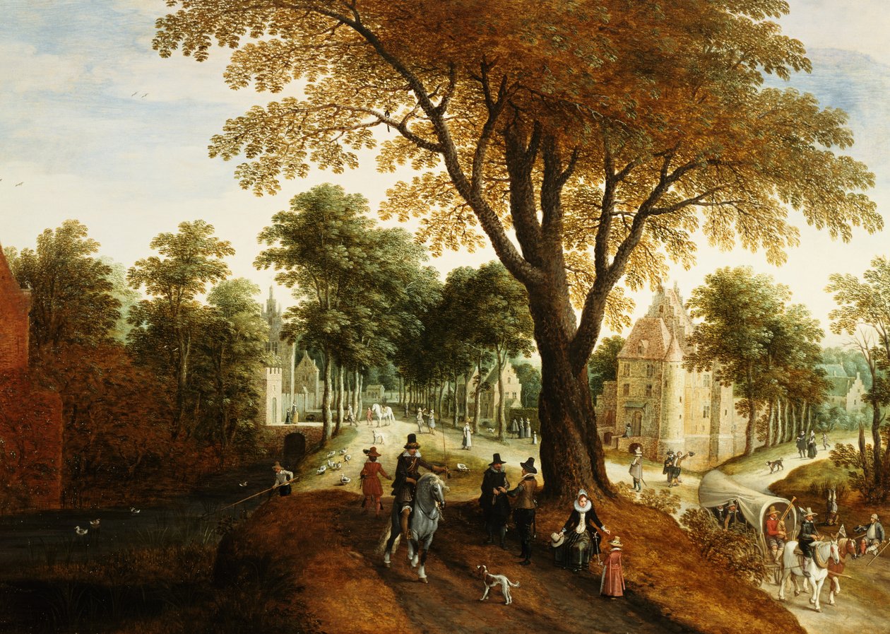 Elegante Reiter und Figuren auf einem Weg vor einem Schloss von Sebastian Vrancx