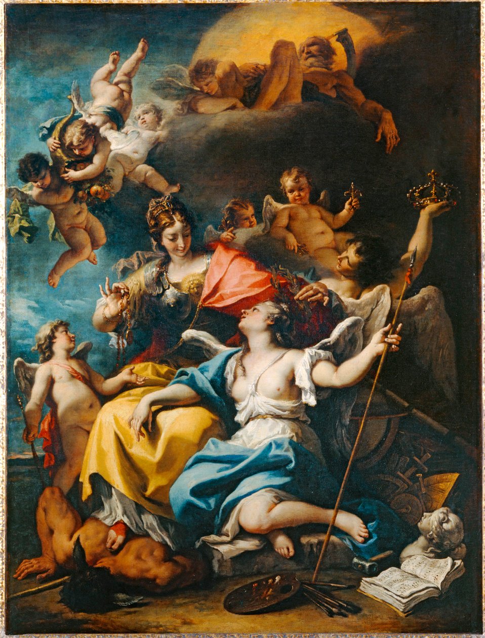 Allegorie Frankreichs in der Gestalt der Minerva, die die Unwissenheit mit Füßen tritt und die Tugend krönt von Sebastiano (attr. to) Ricci