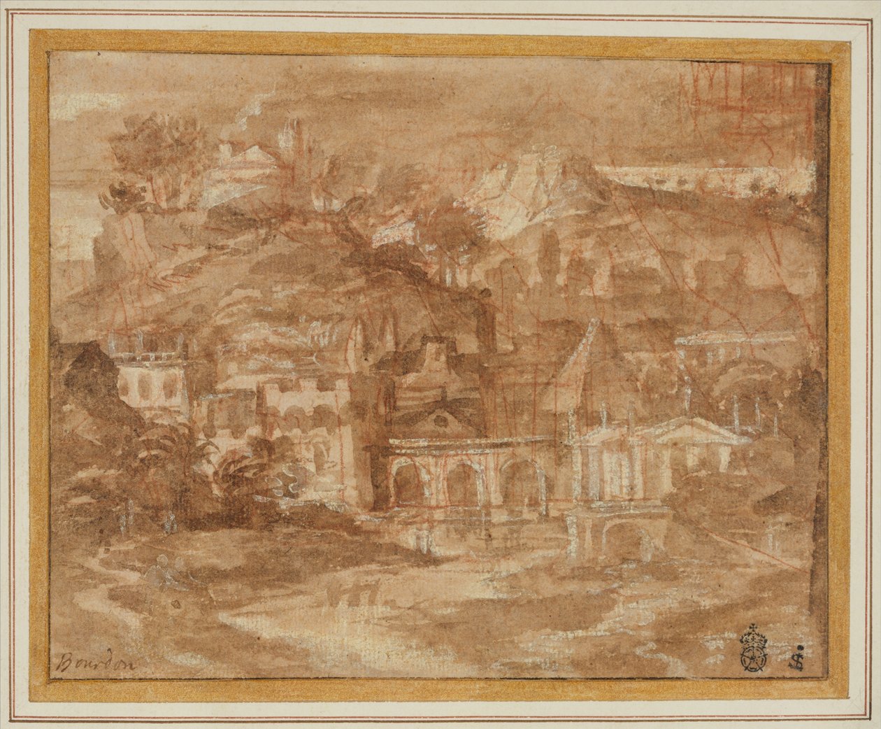 Klassische Landschaft mit Gebäuden an einem Fluss von Sébastien Bourdon