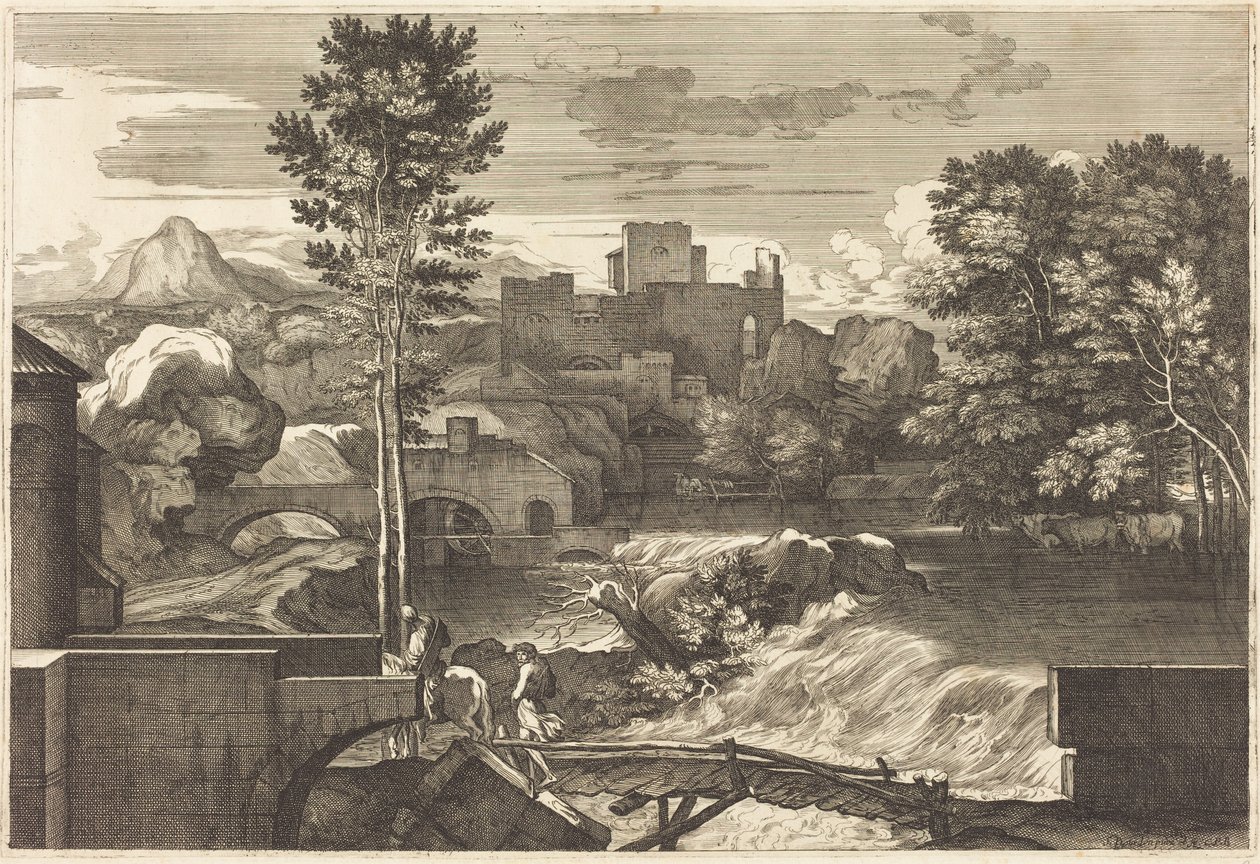 Landschaft mit zwei Figuren auf einer Brücke von Sébastien Bourdon