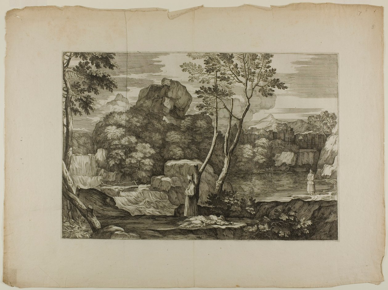 Landschaft mit einem toten Mann und zwei Priestern von Sébastien Bourdon