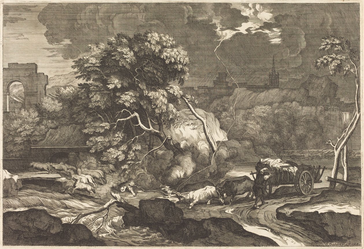Landschaft mit einem erschrockenen Fuhrmann von Sébastien Bourdon