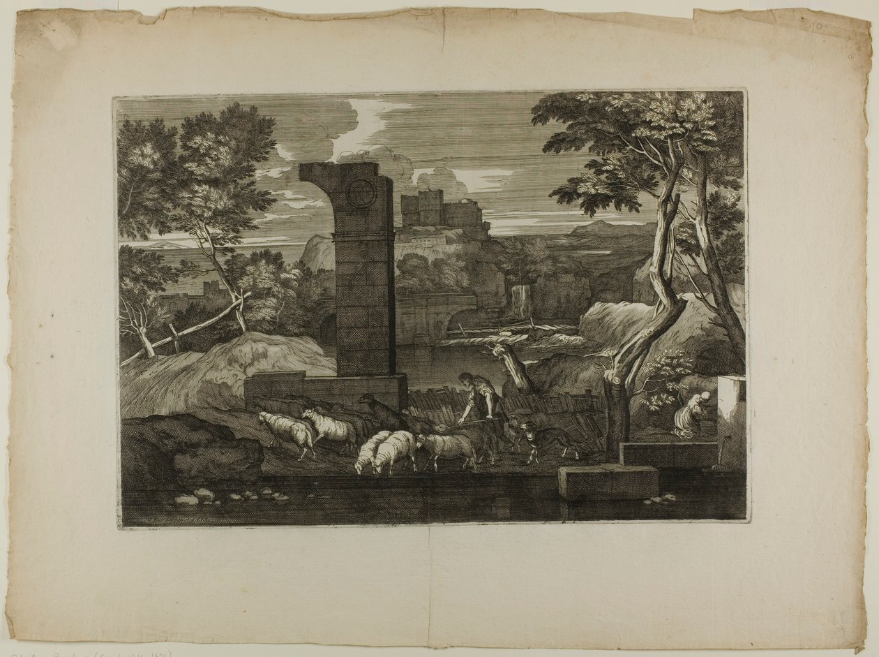 Landschaft mit einem Hirten und seiner Herde von Sébastien Bourdon