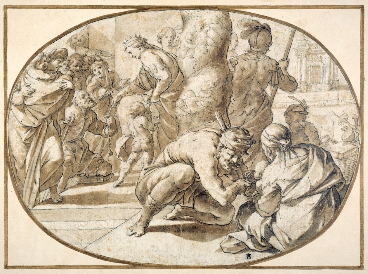 Eine Königin verteilt Almosen an einen verkrüppelten Bettler im Tempel von Jerusalem, frühes 17. Jahrhundert von Second School of Fontainebleau