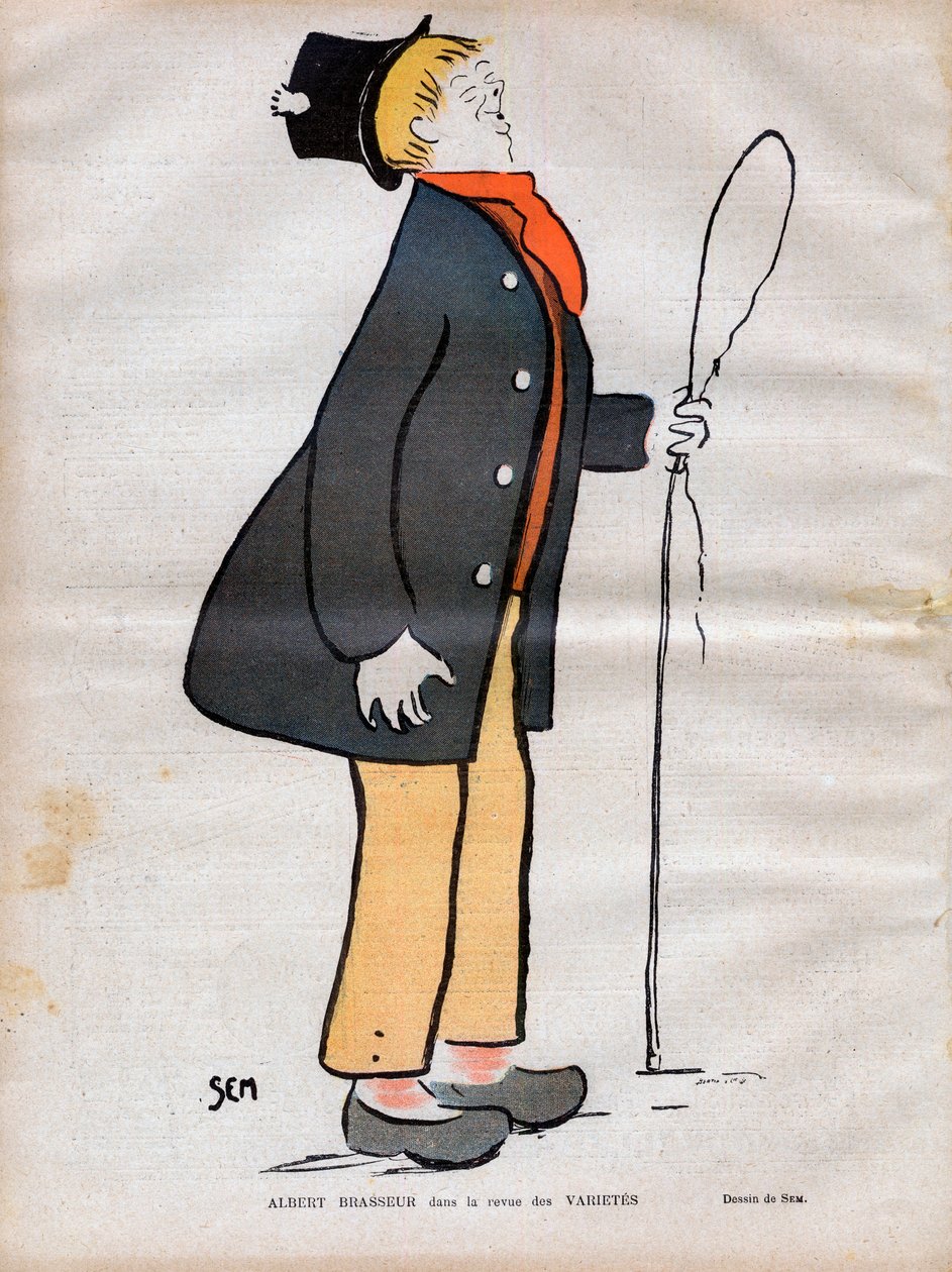 Albert Jules Dumont (1862-1932) genannt Albert Brasseur, Schauspieler des Boulevardtheaters und der Operette im Journal des Variétés - Karikatur von SEM (Georges Goursat) (1863-1934) in „Le rire“ von 1902 von Sem