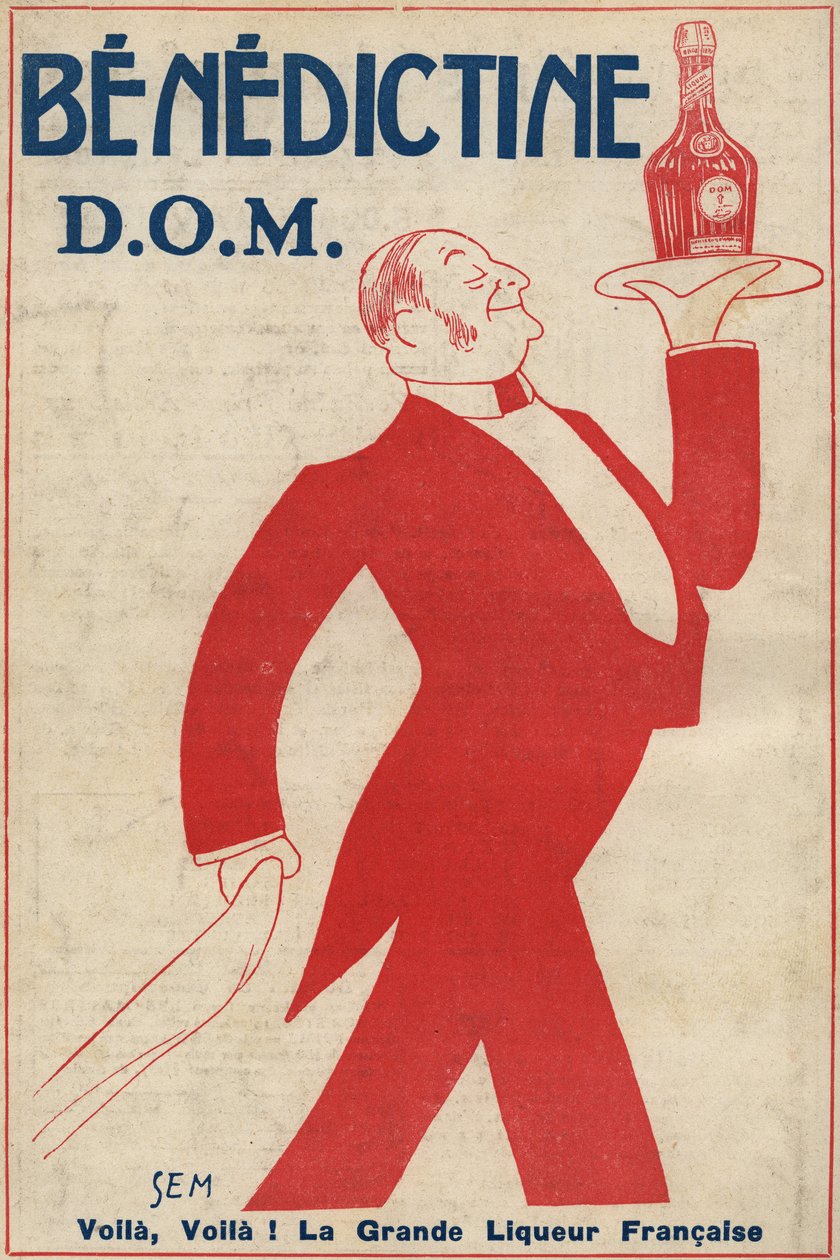 Werbung für den Digestif (Likör) „Benedictine“ (D.O.M.) Ein Kellner trägt eine Flasche auf einem Tablett. Zeichnung von Sem (1873-1932). 1911. von Sem