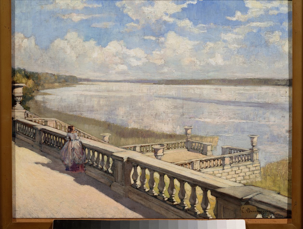 Sonniger Tag, eine Dame an der Balustrade von Sergei Arsenevich Vinogradov