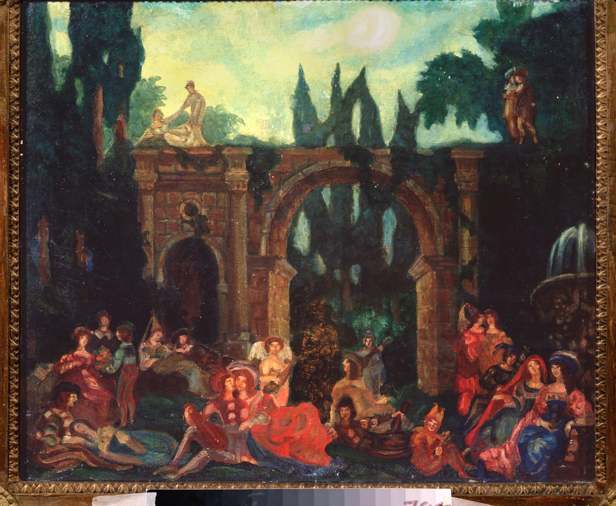 Bühnenbild für das Stück "Das Dekameron" von Giovanni Boccaccio von Sergei Yurevich Sudeikin