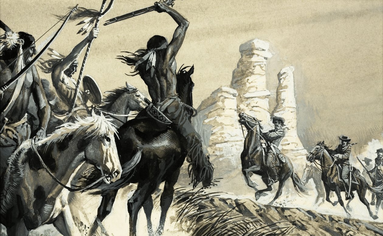Eine überraschende Begegnung zwischen zwei Spähtrupps, einer indianisch, der andere US-Kavallerie von Severino Baraldi