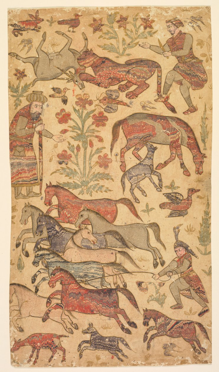 Ein marmoriertes Bild von Rustam, der Rakhsh fängt von Shafi