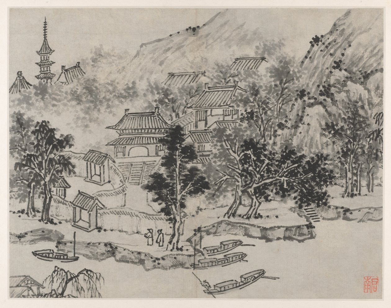 Zwölf Ansichten des Tigerhügels, Suzhou: Ferne Ansicht des Tigerhügels vom Kanal von Shen Zhou