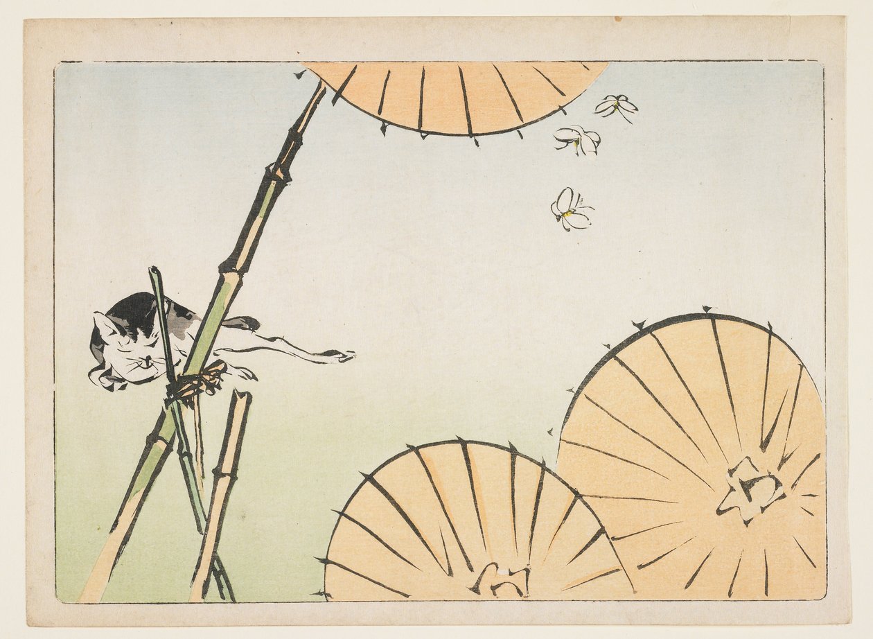 (Bambus, Regenschirme, eine Katze und Schmetterlinge) von Shibata Zeshin