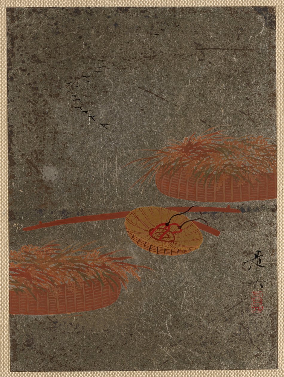 Blumenkörbe und Bauernhut von Shibata Zeshin