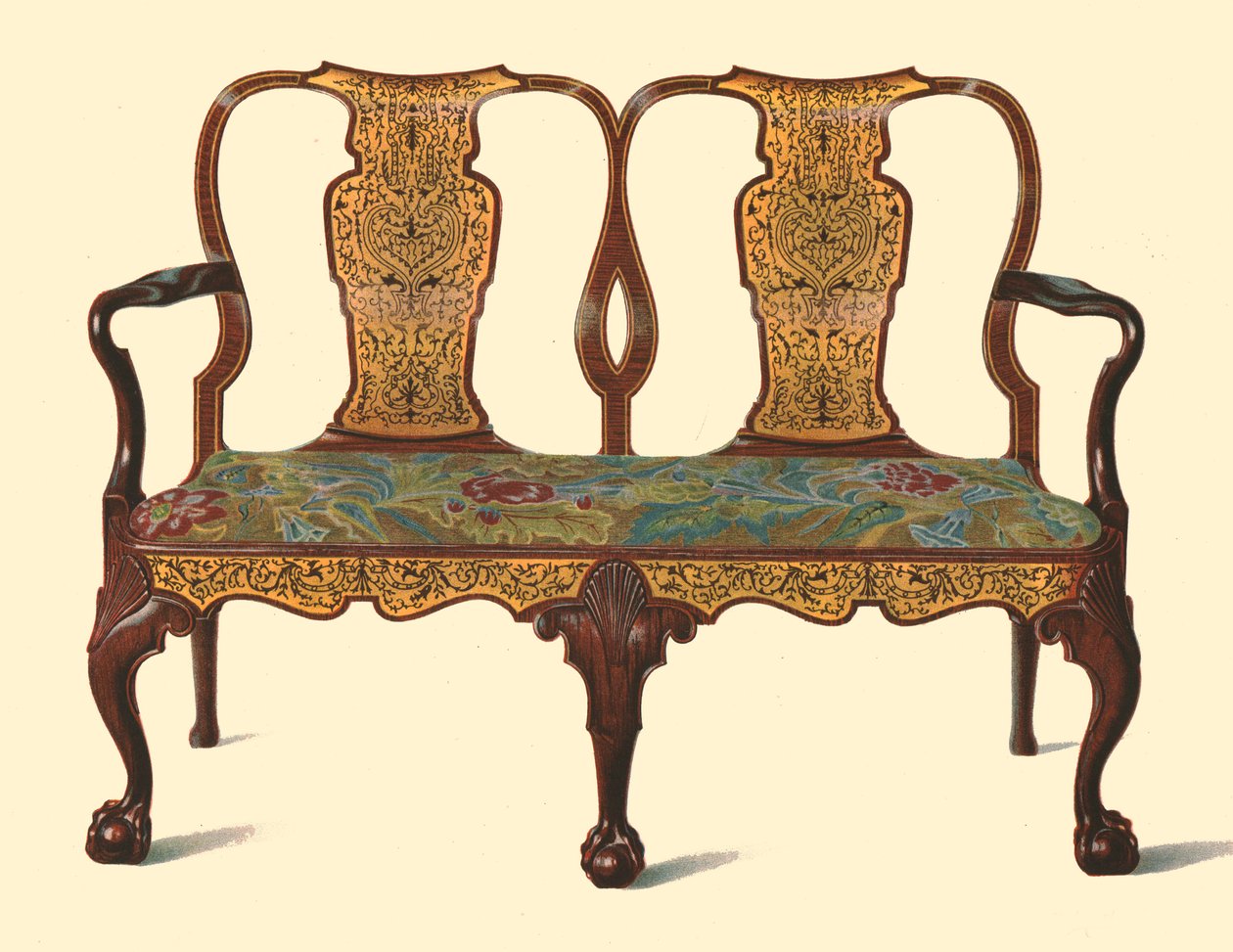 Walnuss-Sofa mit Intarsien, 1905 von Shirley Charles Llewellyn Slocombe