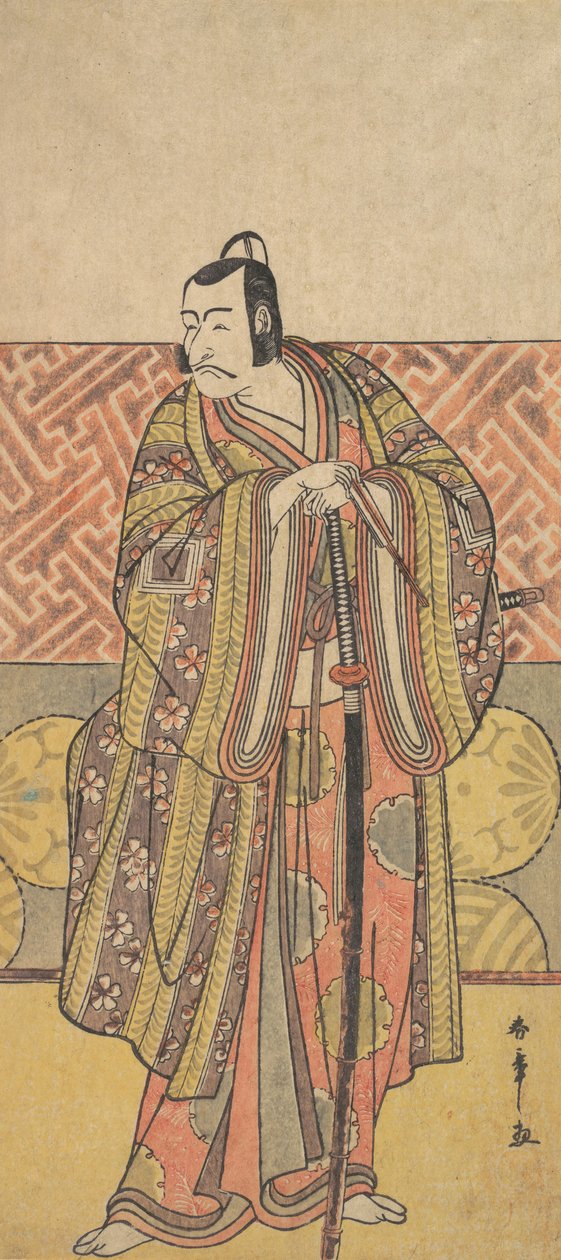 Ichikawa Danjuro V als Kudo Suketsune, reich gekleidet, lehnt sich auf sein Schwert, spätes 18. Jahrhundert von Shunsho