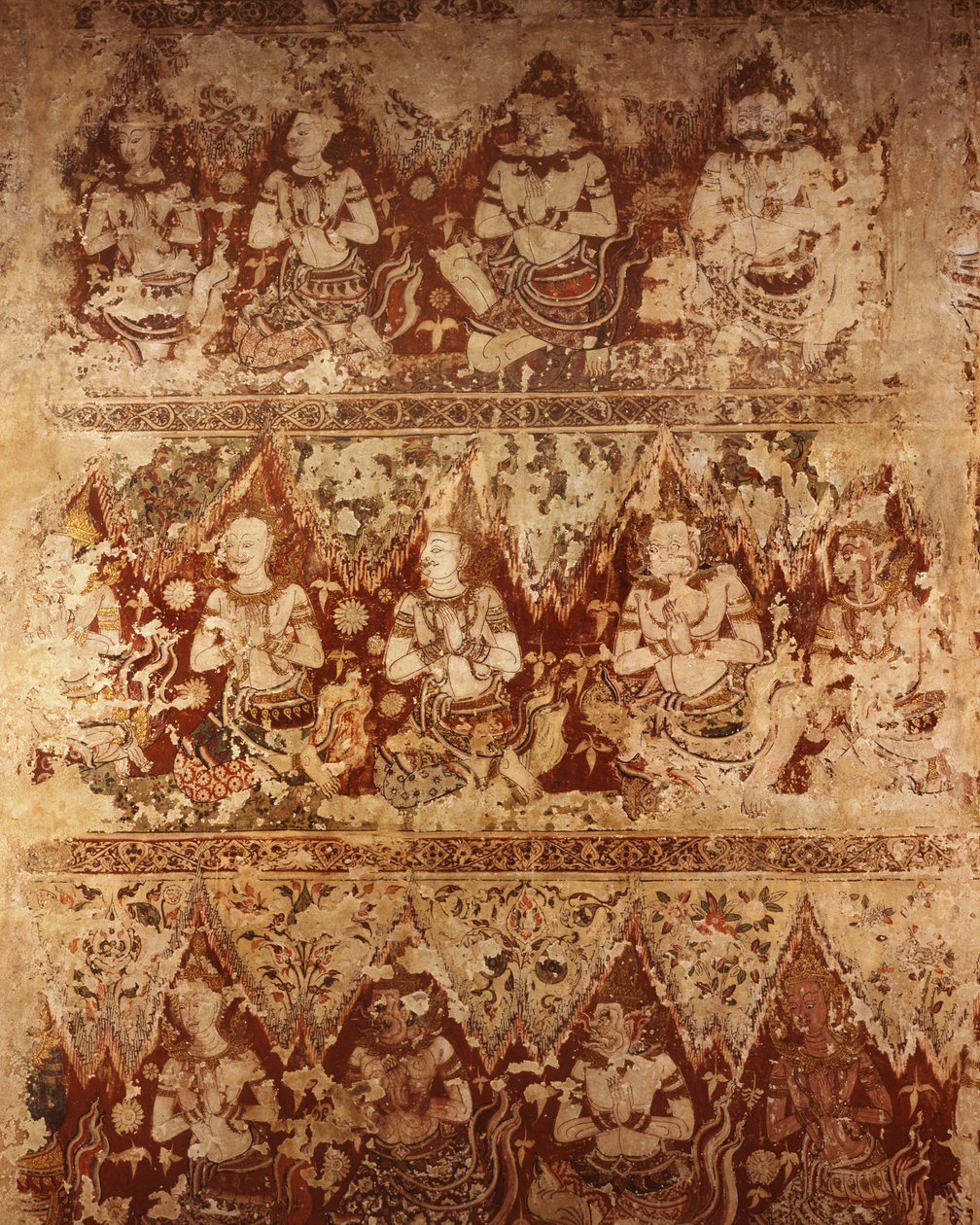 Wandmalereien, die himmlische Gottheiten zeigen, aus dem frühen 18. Jahrhundert der Ayutthaya-Periode von Siamese School
