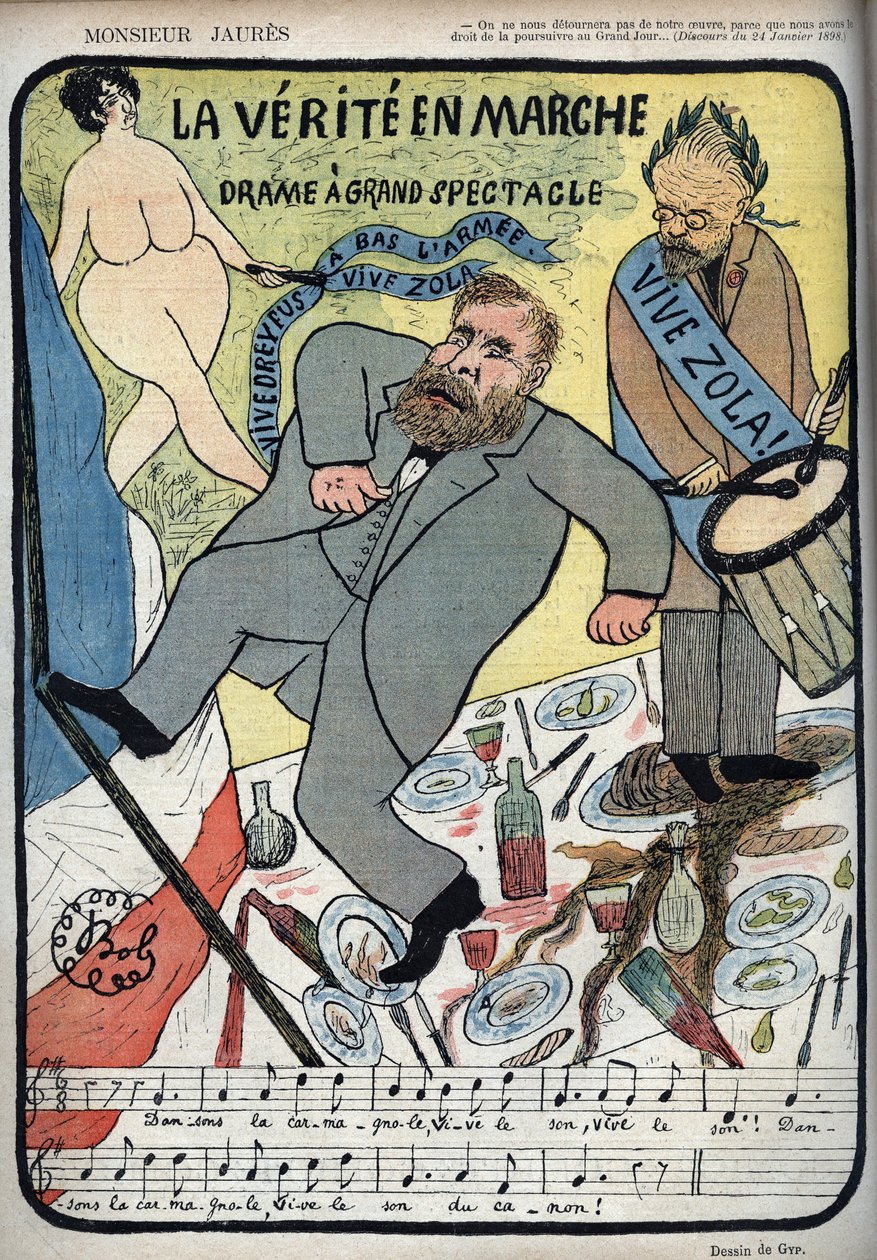 Dreyfus-Affäre - Monsieur Jaurès - La Vérité en marche, Drama mit großem Spektakel - Es lebe Dreyfus, Es lebe Zola, nieder mit der Armee - Jean Jaurès tanzt die Carmagnole vor Emile Zola und seiner Trommel. Karikatur von BOB (1850-1932) für Le Lire vom 4.1 von Sibylle Gabrielle de Riquetti de Mirabeau