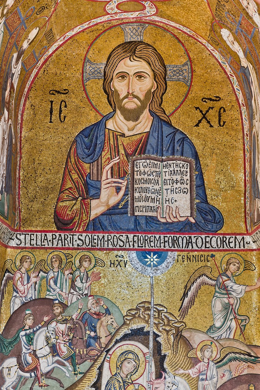 Die Palatinkapelle (Basilika), südliche Apsis oder St. Pauls "Absidiola", Mosaiken: "Christus Pantokrator" und "Geburt Christi", XII Jahrhundert von Sicilian School