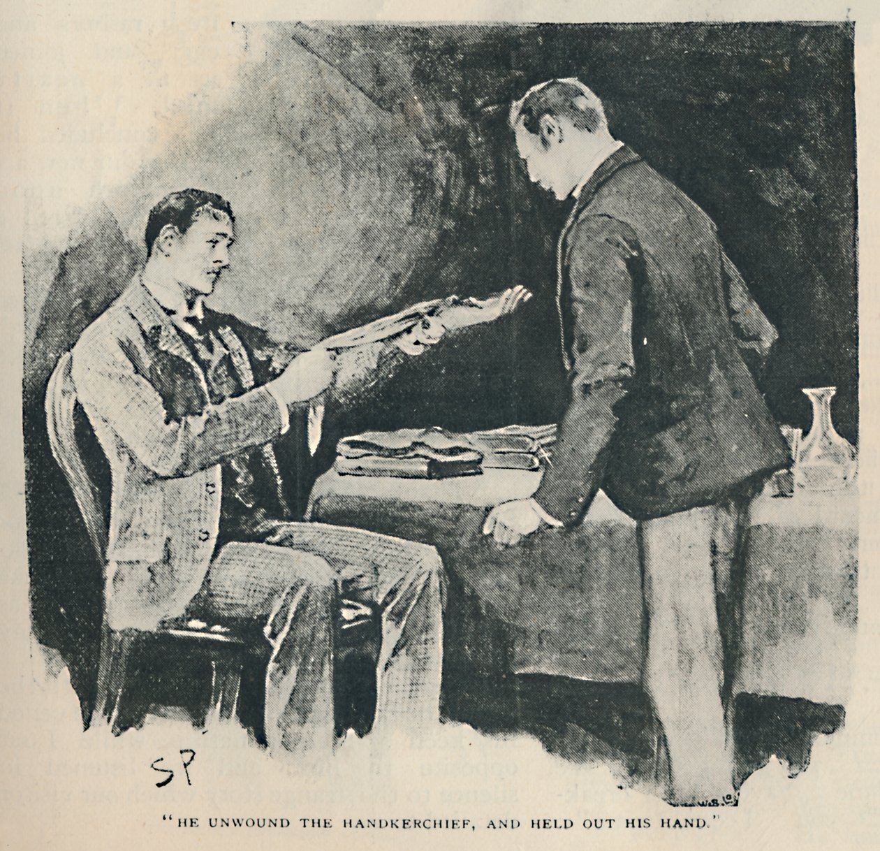Er wickelte das Taschentuch ab und streckte seine Hand aus, 1892 von Sidney Paget