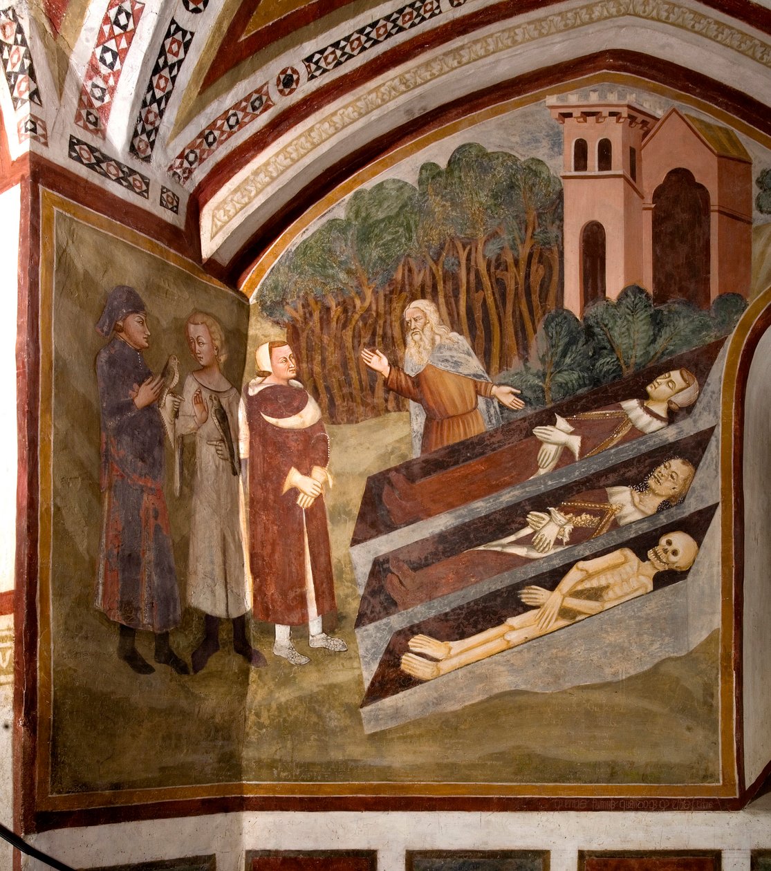 Das Treffen der drei Lebenden und der drei Toten (oder Dikt) Die drei Lebenden und ein Einsiedler vor den drei Särgen, die Leichen in verschiedenen Stadien der Verwesung präsentieren. Detail eines Freskos der Schule von Siena (14. Jahrhundert) 1363-1366 Kl von Sienese School