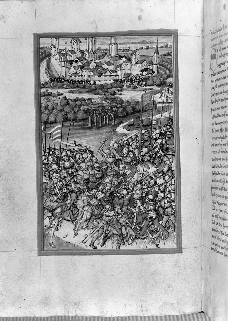 HB V 52 fol. 70v Illustration der Schlacht von Lechfeld, aus der Augsburger Chronik, 1457 von Sigismund Meisterlin