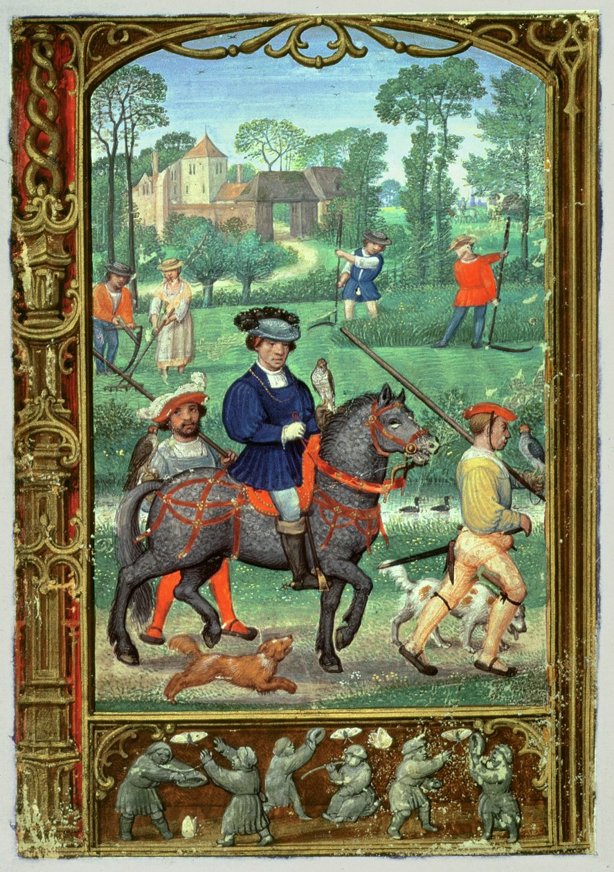 Juli: Falknerei, Heuernte und Schmetterlingsjagd, aus einem Stundenbuch, oder dem Golfbuch, ca. 1520-30 von Simon (workshop of) Bening