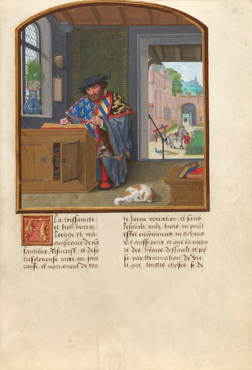 Der Herold des Ordens vom Goldenen Vlies schreibt über Jacques de Lalaing, ca. 1530-40 von Simon Bening