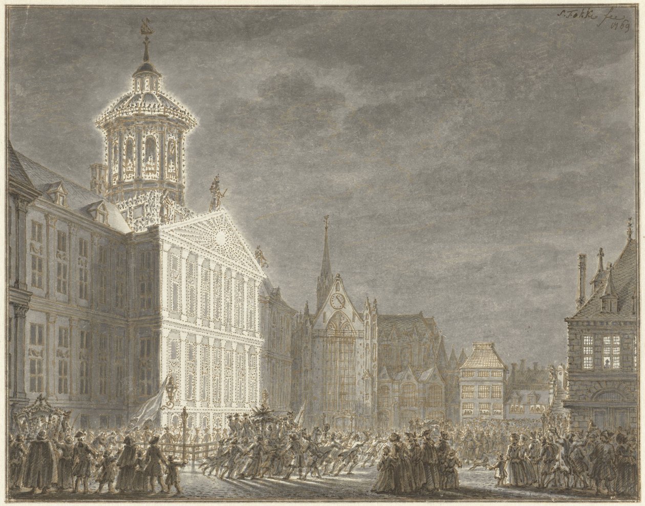 Illumination des Rathauses für Wilhelm V. und Wilhelmina von Preußen, 1768 von Simon Fokke