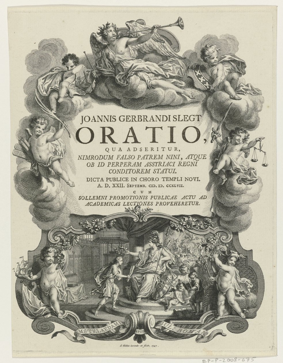 Minerva krönt einen jungen Mann mit einer Urkunde Titelblatt für: J.G. Slegt, Oratio, qua adseritur, Nimrodum falso patrem Nini (...), 1747 von Simon Fokke