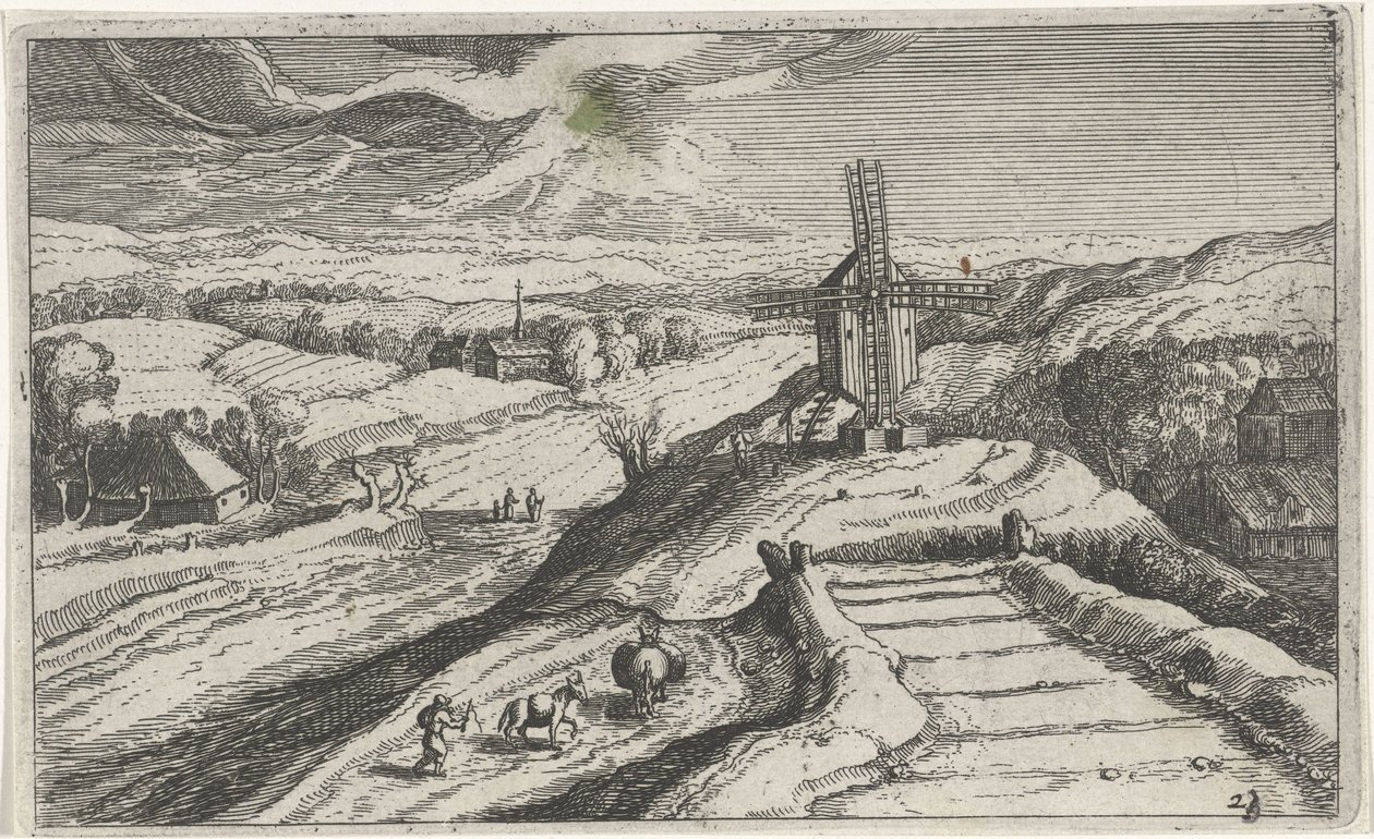 Hügellandschaft mit einer Windmühle von Simon Frisius (attributed to)